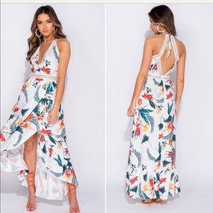 Embroidered Floral Faux Wrap Halter Maxi Dress